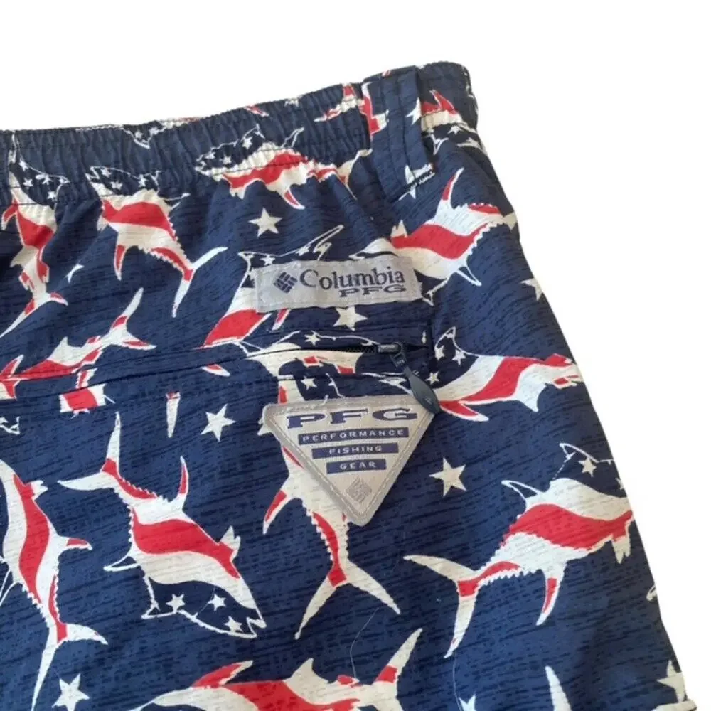 Columbia PFG Red, White and Navy Blue Shark Swim Trunks - Size XL